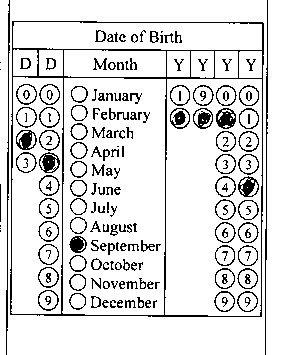 An image (100dpi) of filled non-rotated OMR form, which stores the date of birth An image (100dpi) of filled non-rotated OMR form, which stores the date of birth