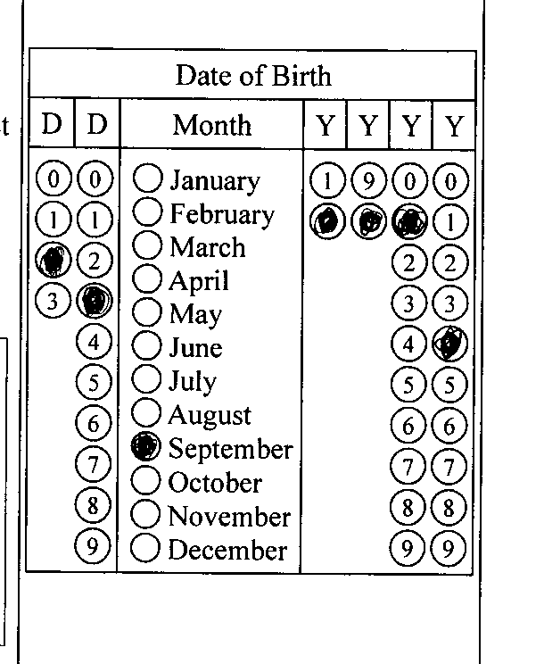 An image (200dpi) of filled non-rotated OMR form, which stores the date of birth An image (200dpi) of filled non-rotated OMR form, which stores the date of birth