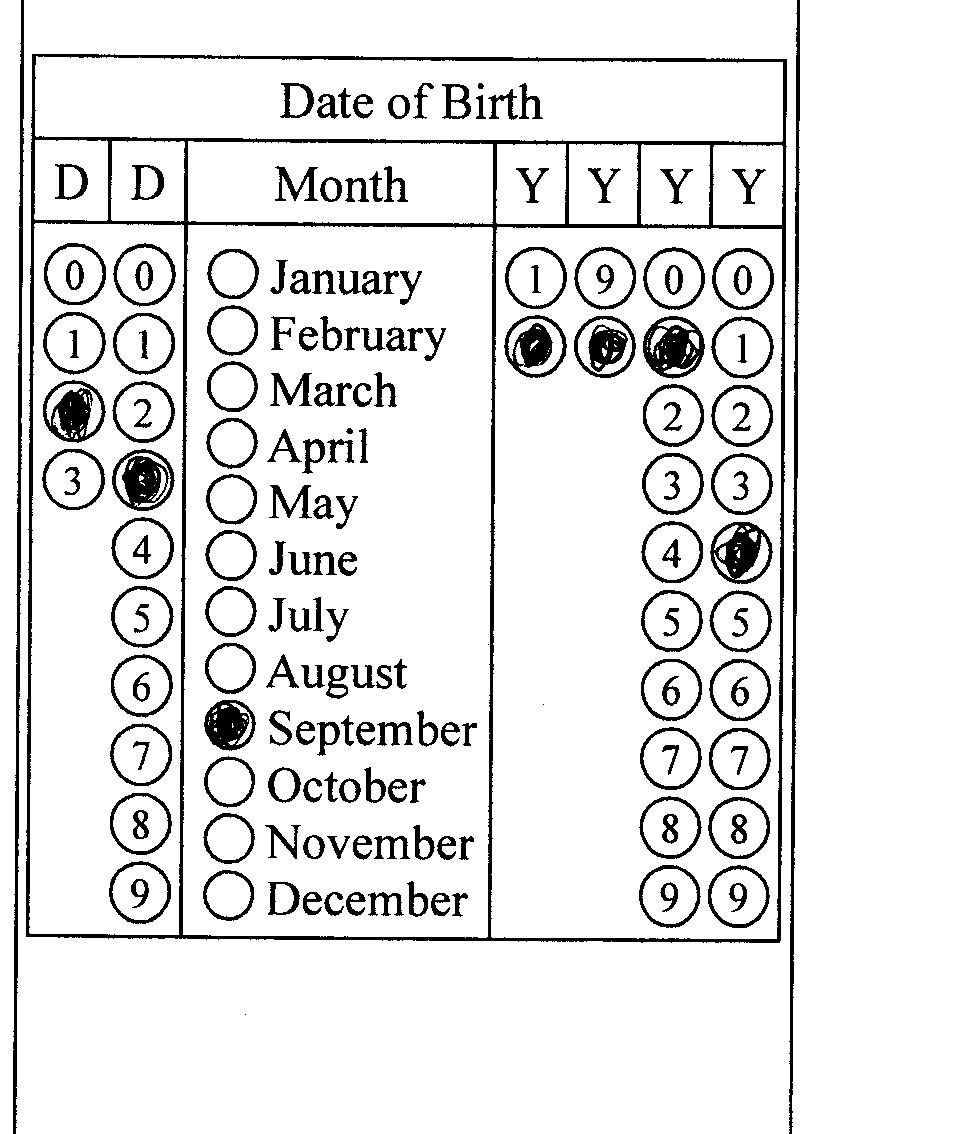 An image (300dpi) of filled non-rotated OMR form, which stores the date of birth An image (300dpi) of filled non-rotated OMR form, which stores the date of birth