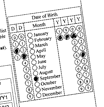 An image of filled rotated (20 degrees) OMR form, which stores the date of birth An image of filled rotated (20 degrees) OMR form, which stores the date of birth