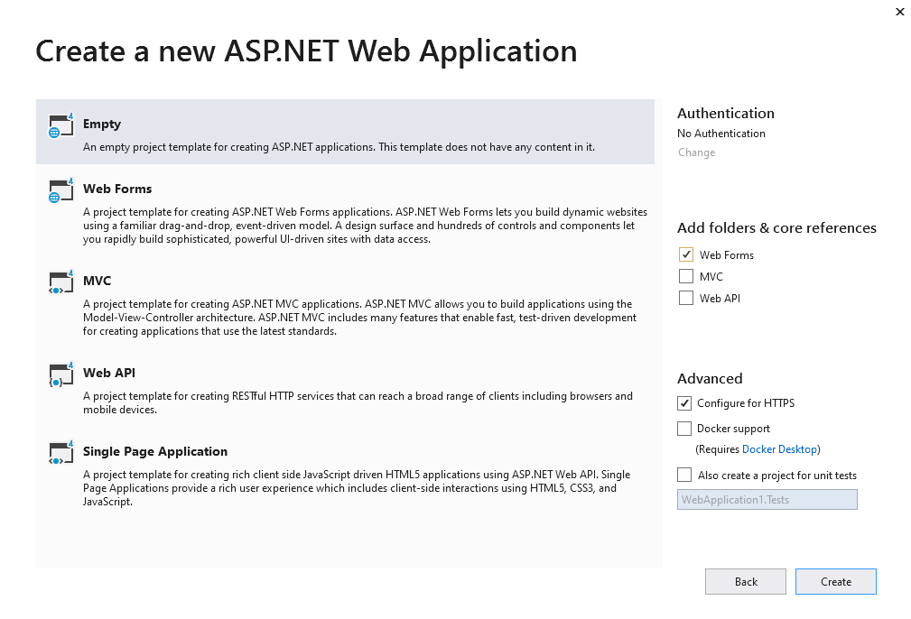 Select the Empty template for ASP.NET Web Application and configure to use Web API