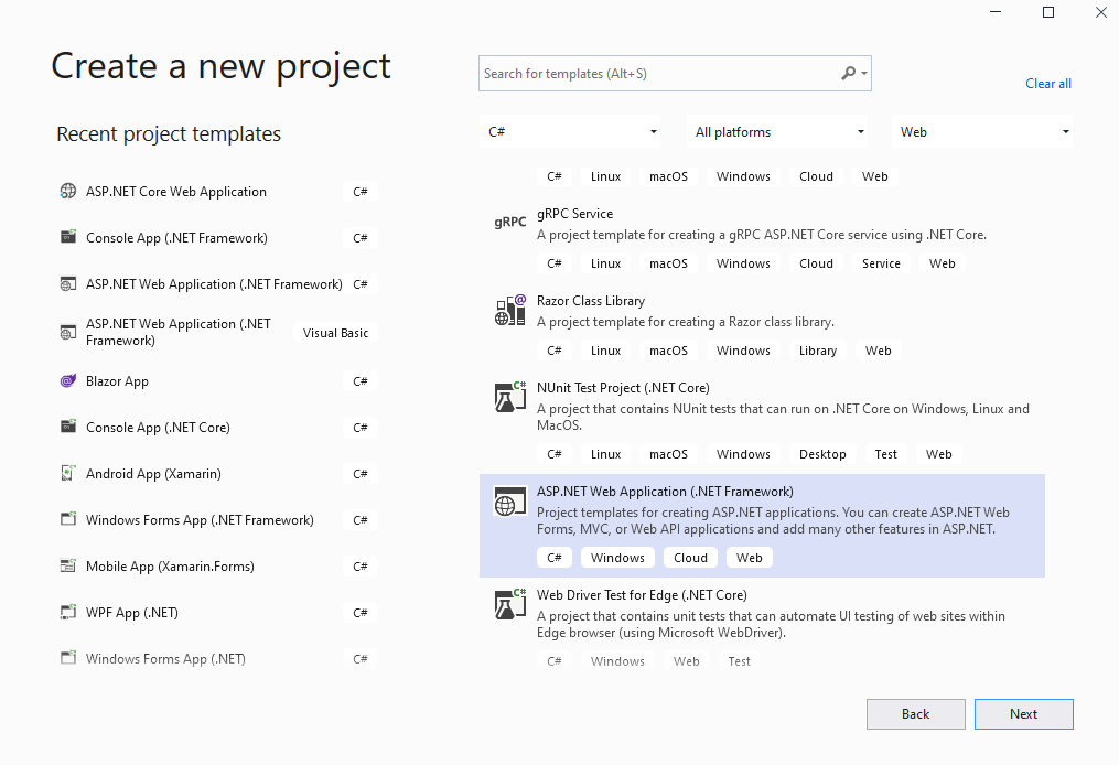 Open Visual Studio .NET 2019 and create a new project, of ASP.NET Web Application type, and configure the project to use .NET Framework 4.7.2