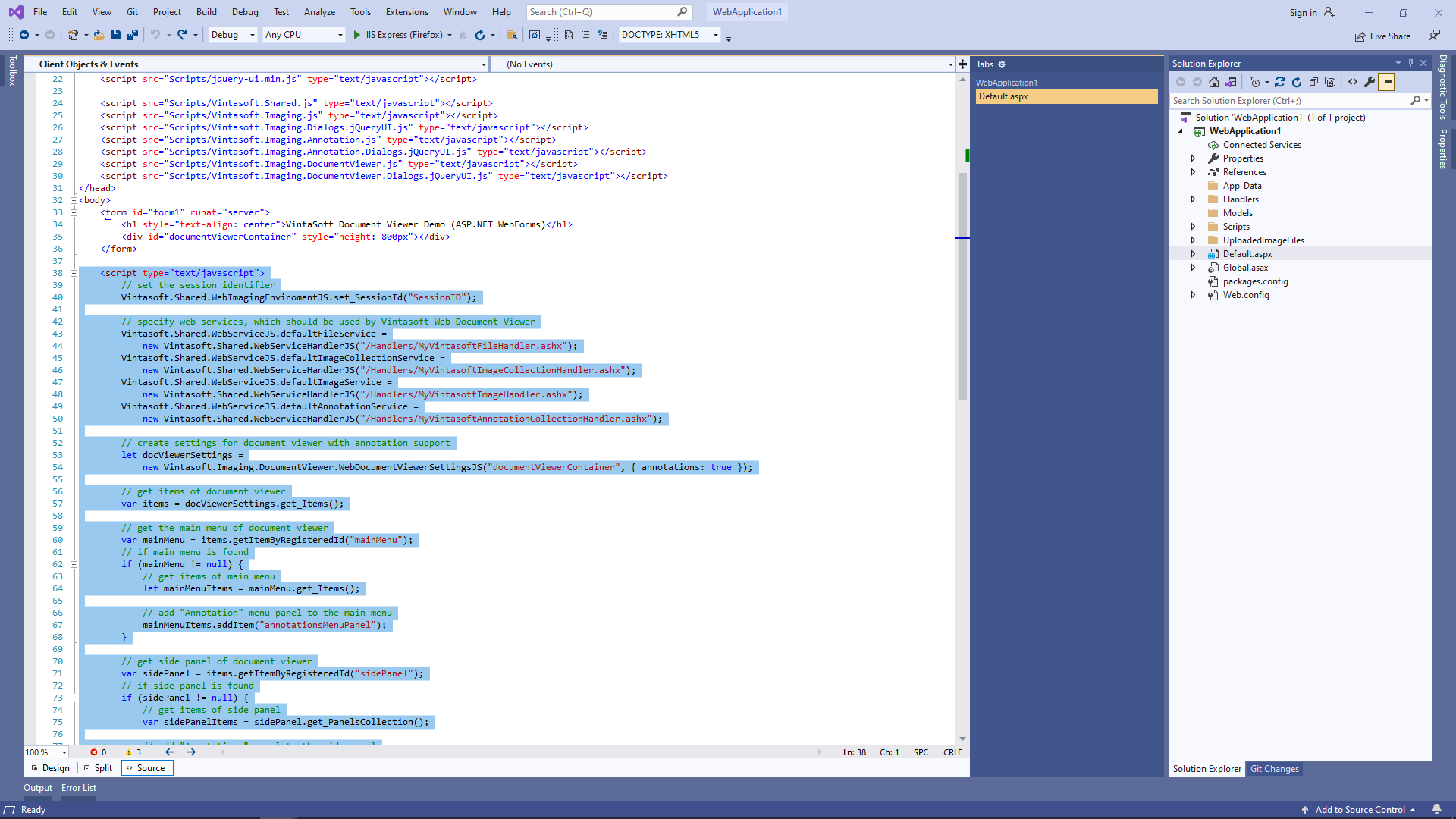 JavaScript code that initializes and displays document viewer