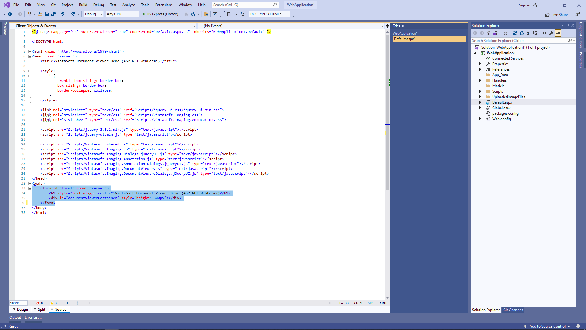 HTML markup (a div-element that will display document viewer)